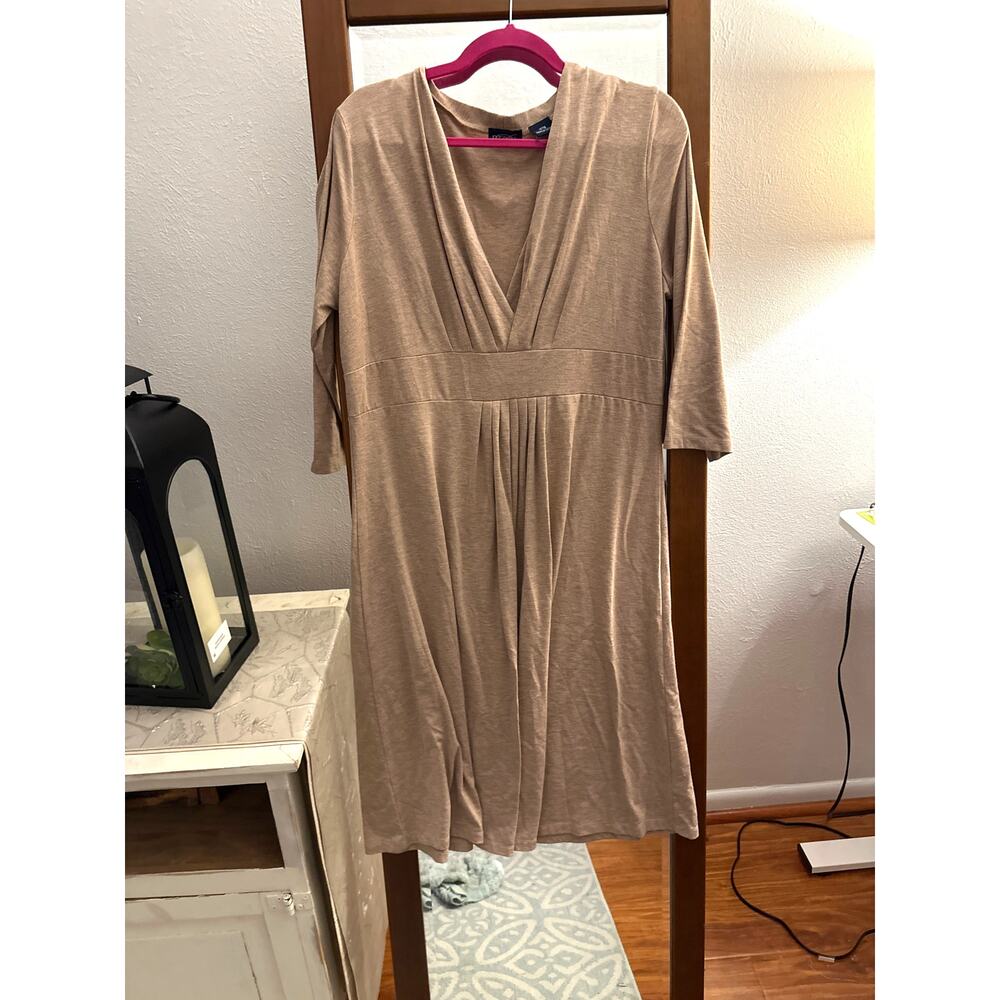 Women's Dress Midi‎ Tan Beige Light Brown 3/4 Sleeves V Neck Quiet Luxury XL